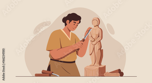Crafting a masterpiece sculptor carving a statue in a studio artistic environment close-up perspective. Vector illustration