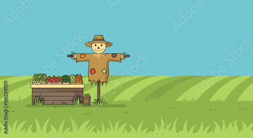 Harvest festival scene with scarecrow farm illustration sunny day playful vibe. Vector illustration