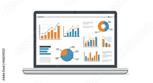 Analyzing business data trends with graphs and charts on laptop office environment digital content informative view. Vector illustration
