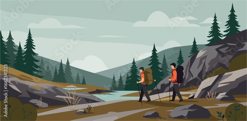Hiking adventure in serene mountain landscape nature illustration peaceful environment scenic viewpoint. Vector illustration