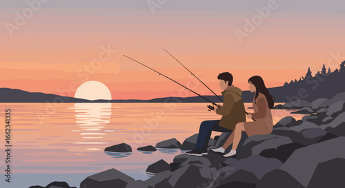 Fishing at sunset lake shore illustration romantic atmosphere side view nature adventure. Vector illustration