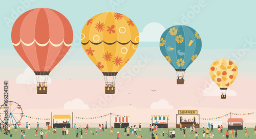 Exciting hot air balloon festival summer park illustrative art vibrant landscape aerial view fun and adventure. Vector illustration