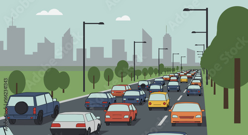 Traffic jam in urban cityscape illustration daytime cartoon style aerial view transportation challenges. Vector illustration