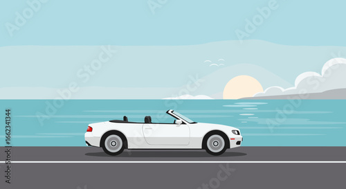 Driving a white convertible along the coastal road at sunset lifestyle image serene environment. Vector illustration