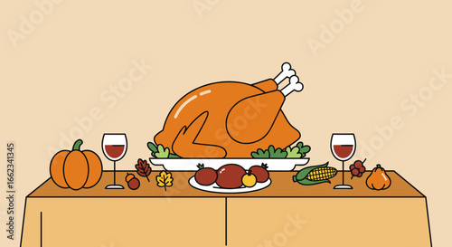 Thanksgiving feast preparation cozy dining room illustration autumn decor top-down view culinary delight. Vector illustration