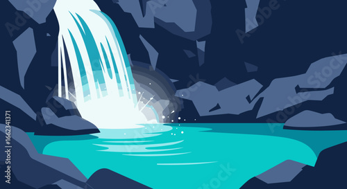Majestic waterfall cascading into tranquil pool nature scene outdoor environment serene view landscape inspiration. Vector illustration