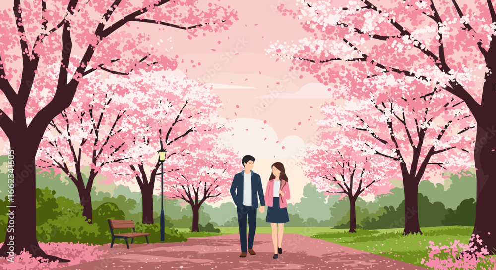 Couple walking under cherry blossom trees park illustration spring eye-level love and nature. Vector illustration Couple walking under cherry blossom trees park illustration spring eye-level love and nature. Vector illustration
