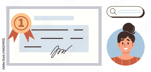 Certificate with ribbon and signature, user profile in circular frame, and search bar. Ideal for education, job recognition, success, certification, personal growth achievement career. Simple flat