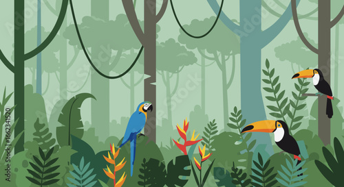 Tropical wildlife encounter colorful birds in lush jungle digital illustration vibrant green environment eye-level view. Vector illustration