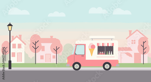 Ice cream truck serving delicious treats on a sunny street in a charming neighborhood. Vector illustration