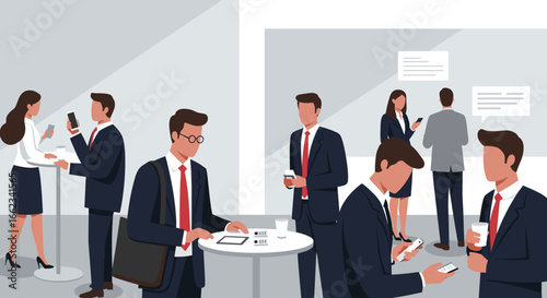 Networking event for business professionals modern office space digital communication collaborative environment professional perspective. Vector illustration
