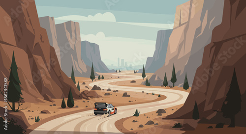 Adventurous car journey through dramatic canyon landscape desert road digital art vast environment wide angle view exploration concept. Vector illustration