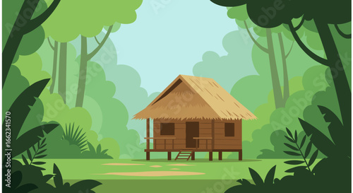 Exploring a tranquil wooden house in lush jungle nature illustration serene environment wide angle. Vector illustration