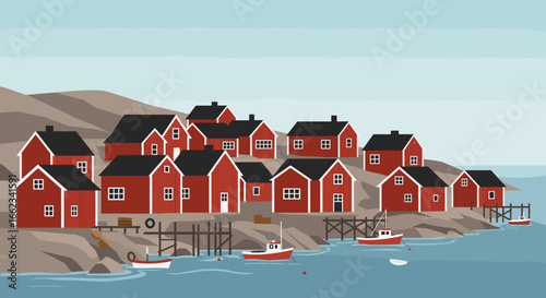 Charming coastal village norway illustration serene environment aerial view rustic charm. Vector illustration