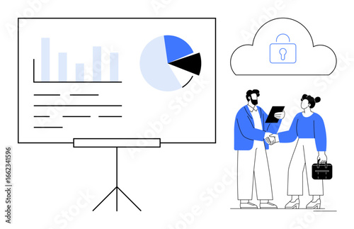 Business handshake with a presentation board showing charts, data analysis, and secure cloud storage. Ideal for collaboration, partnership, analytics, data security, teamwork, business strategy