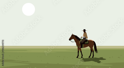 Horseback riding adventure in the vast green plains under a bright sunlight. Vector illustration