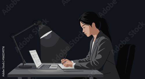 Focused professional working late at desk home office digital illustration modern environment side view productivity concept. Vector illustration