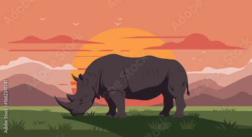 Rhino grazing at sunset in nature landscape digital illustration tranquil environment. Vector illustration