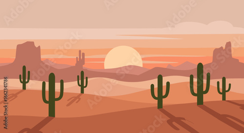 Sunset over cactus desert landscape arizona digital illustration serene environment wide-angle view nature concept. Vector illustration