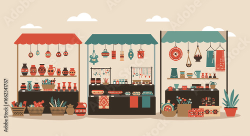 Artisan market stalls vibrant cultural scene digital illustration colorful environment eye-level view local craftsmanship. Vector illustration