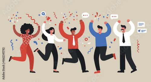 Celebration event with diverse team office setting digital illustration festive atmosphere joyful perspective. Vector illustration