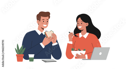 Lunch break conversations office space illustration friendly environment close-up view dining concept. Vector illustration
