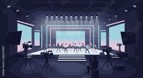 Dynamic dance performance on stage theater venue visual art indoor wide angle entertainment concept. Vector illustration