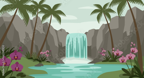 Enchanting waterfall surrounded by lush palm trees tropical oasis digital illustration serene landscape aerial view nature's beauty. Vector illustration
