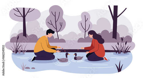 Feeding ducks together local park illustrative scene tranquil environment side view connection with nature. Vector illustration