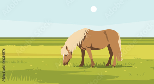 Grazing horse in lush green field under sunny sky nature illustration peaceful rural landscape. Vector illustration