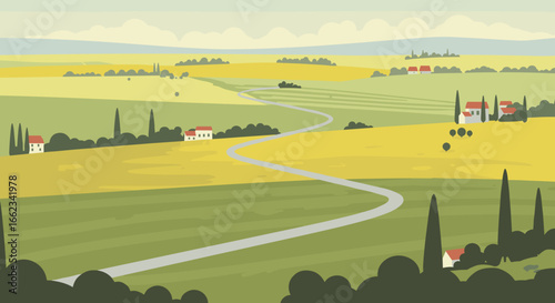 Winding road through lush fields rural landscape digital illustration calm environment aerial view tranquility. Vector illustration
