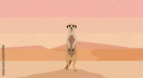 Curious meerkat observing its surroundings in a desert landscape digital art serene environment close-up view. Vector illustration