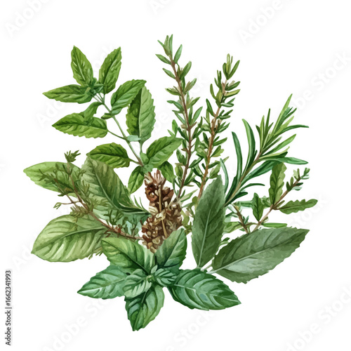 Fresh Herbs Spring Bunch, watercolor vector, isolated on a white background.