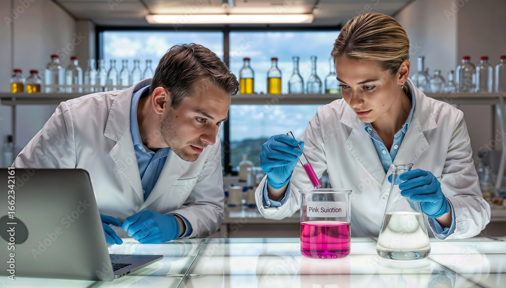Obraz premium - Two scientists analyzing pink solution in laboratory
