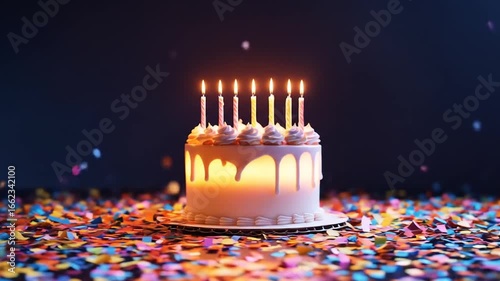 Birthday Cake with Lit Candles and Falling Confetti, Celebration Scene
