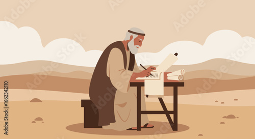 Ancient scribe writing on scrolls desert landscape digital illustration warm tones close-up view cultural reflection. Vector illustration