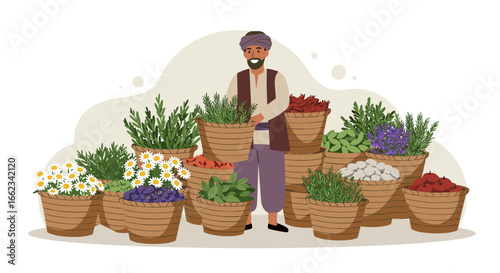 Herb market seller local community digital illustration vibrant environment eye-level view cultural exchange. Vector illustration