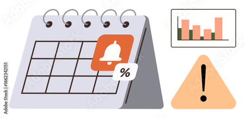 Calendar with a notification badge and percentage icon, bar chart, and caution sign. Ideal for time management, project planning, scheduling, data analysis, financial tracking, reminders and risk