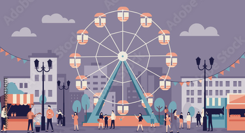 Ferris wheel ride at city fair fun activities urban environment colorful atmosphere joyful experience. Vector illustration