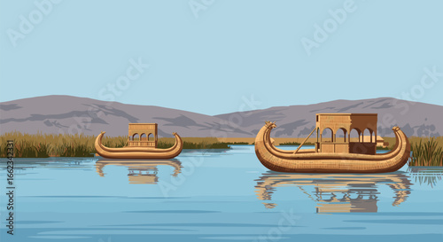 Exploring the floating reed boats of lake titicaca peru digital artwork tranquil waters wide view cultural heritage. Vector illustration