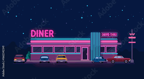 Nighttime drive-thru diner scene retro style graphic illustration urban environment wide angle view. Vector illustration