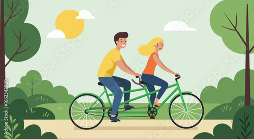 Couple enjoying tandem bicycle ride in nature illustration cheerful outdoor scene. Vector illustration