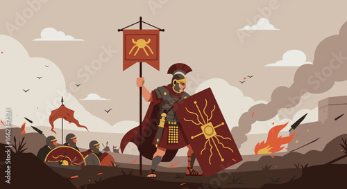 Epic battle of roman legionnaires ancient battlefield digital illustration dramatic atmosphere heroic perspective. Vector illustration