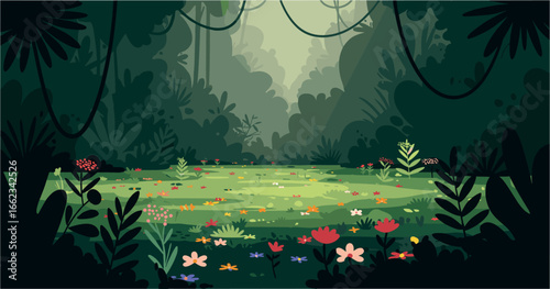 Exploring lush forest glades nature scene vibrant flora tranquil environment serene viewpoint peaceful concept. Vector illustration