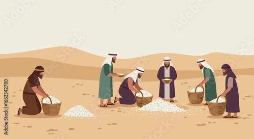 Harvesting rice in the desert traditional farming event middle eastern landscape collaborative effort. Vector illustration