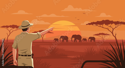 Safari adventure elephants at sunset african savanna digital illustration warm environment observer's perspective. Vector illustration