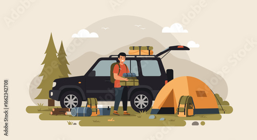 Camping adventure in the mountains outdoor enthusiast gear setup natural landscape wide angle view exploration concept. Vector illustration