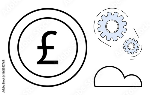 Pound sign in coin, two gears in motion, and cloud symbol. Ideal for finance, technology, innovation, connectivity, economy process management modern concepts. Simple flat metaphor