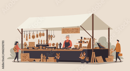 Craft market event artisan stall outdoor setting people engaging vibrant atmosphere. Vector illustration