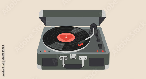 Vintage music experience retro turntable setup home studio digital art cozy close-up nostalgia. Vector illustration